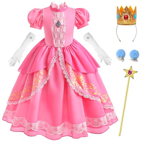 ZaisuiFun Prinzessin Kostüm Mädchen Prinzessinnenkleid Kinder Pfirsich Kleid für Halloween Weihnachten Karneval Cosplay mit Zubehör, 134-140(Etikett 140) von ZaisuiFun