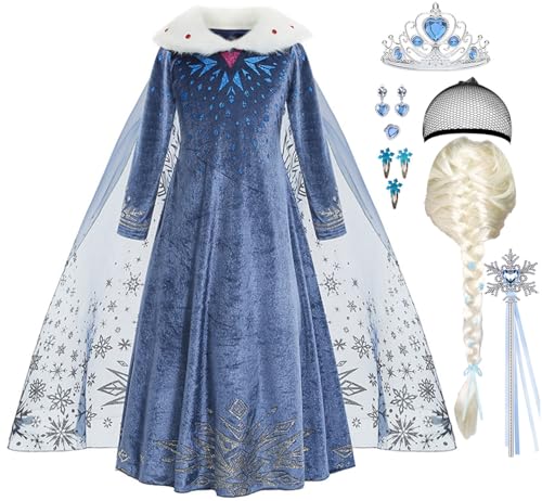 ZaisuiFun Verkleidung Kostüm Prinzessin Elsa für Mädchen Schneekönigin Kleid Blau mit Perücke Langarm mit Plüsch Kragen für Halloween Geburtstag Canarval,Blau mit Perücke, 104-110(Etikett 110) von ZaisuiFun