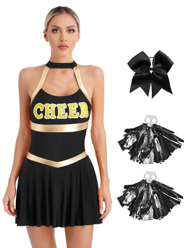 Zaldita Damen Cheer Leader Kostüm Cheer Minikleid mit Pompons + Stirnband High School Uniform Zubehör Party Cosplay Outfit Schwarz M von Zaldita