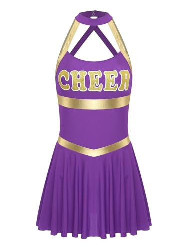 Zaldita Damen Cheer Leader Kostüm Neckholder Cheerleading Kleid Rückfrei Minikleid High School Uniform Party Cosplay Outfit Lila XXL von Zaldita