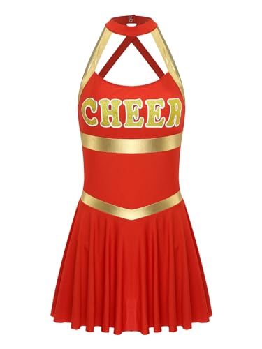 Zaldita Damen Cheer Leader Kostüm Neckholder Cheerleading Kleid Rückfrei Minikleid High School Uniform Party Cosplay Outfit Rot M von Zaldita