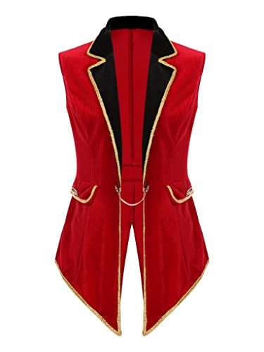 Zaldita Damen Zirkus Kostüm Zirkusdirektor Weste Ärmellos Samt Oberteil Ringmaster Uniform Frack Halloween Party Cosplay Verkleidung A Rot 3XL von Zaldita