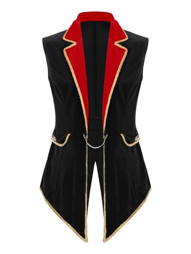 Zaldita Damen Zirkus Kostüm Zirkusdirektor Weste Ärmellos Samt Oberteil Ringmaster Uniform Frack Halloween Party Cosplay Verkleidung A Schwarz 3XL von Zaldita