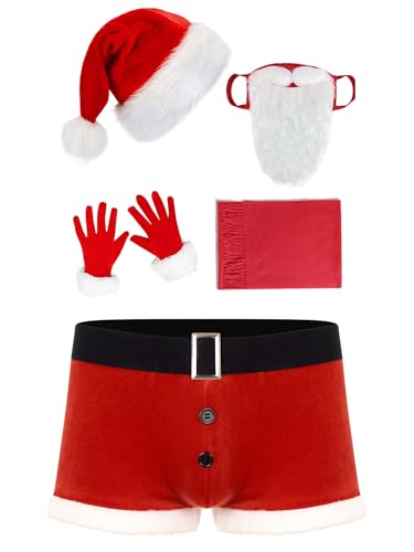 Zaldita Herren Weihnachten Kostüm Weihnachten Boxershorts + Weihnachtsmütze + Handschuhen + Bart + Schal Weihnachtsmann Kostüm Cosplay Rot A L von Zaldita