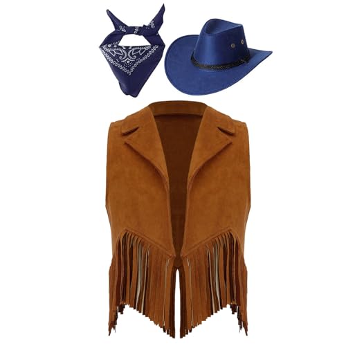 Zaldita Kinder Cowboy Kostüm Set Offen Vorne Fransen Weste + Cowboy Hut + Bandana Cowgirl Kostüm Cosplay Fasching Bühnenauftritte Braun und Blau 134-140 von Zaldita