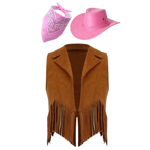 Zaldita Kinder Cowboy Kostüm Set Offen Vorne Fransen Weste + Cowboy Hut + Bandana Cowgirl Kostüm Cosplay Fasching Bühnenauftritte Braun und Rosa 170 von Zaldita