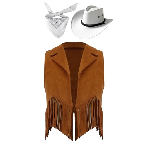 Zaldita Kinder Cowboy Kostüm Set Offen Vorne Fransen Weste + Cowboy Hut + Bandana Cowgirl Kostüm Cosplay Fasching Bühnenauftritte Braun weiß 110-116 von Zaldita