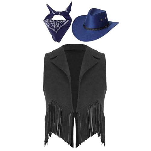 Zaldita Kinder Cowboy Kostüm Set Offen Vorne Fransen Weste + Cowboy Hut + Bandana Cowgirl Kostüm Cosplay Fasching Bühnenauftritte Schwarz Blau 158-164 von Zaldita