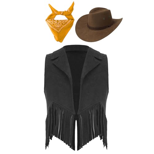 Zaldita Kinder Cowboy Kostüm Set Offen Vorne Fransen Weste + Cowboy Hut + Bandana Cowgirl Kostüm Cosplay Fasching Bühnenauftritte Schwarz Gelb 110-116 von Zaldita