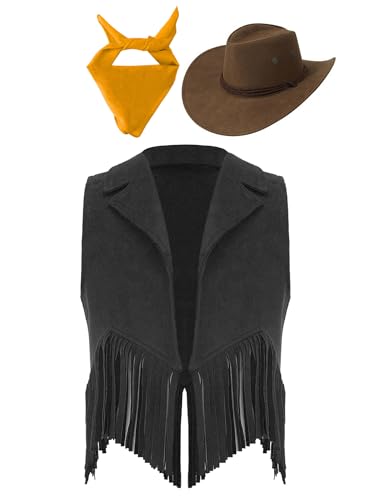 Zaldita Kinder Cowboy Kostüm Set Offen Vorne Fransen Weste + Cowboy Hut + Bandana Cowgirl Kostüm Cosplay Fasching Bühnenauftritte Schwarz Gelb 158-164 von Zaldita