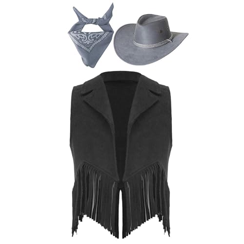 Zaldita Kinder Cowboy Kostüm Set Offen Vorne Fransen Weste + Cowboy Hut + Bandana Cowgirl Kostüm Cosplay Fasching Bühnenauftritte Schwarzgrau 110-116 von Zaldita