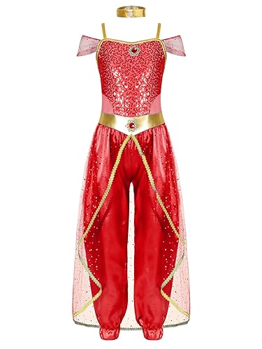 Zaldita Kinder Mädchen Bauchtanz Kostüm Pailetten Crop Top Pumphose Schleier Indische Prinzessin Kostüm Party Karneval Outfits Rot 158-164 von Zaldita