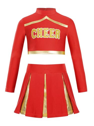 Zaldita Kinder Mädchen Cheer Leader Outfits Laqngarm Cheer Top + Minirock Cheer Leaderin Kostüm Cheerleadering Uniform Karneval Halloween Rot 146-152 von Zaldita