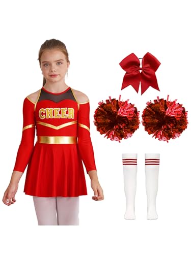 Zaldita Kinder Mädchen Cheerleading Kostüm Langarm Cheer Leader Kleid mit Shorts + Pompoms + Socken + Kopfschmuck Bühnenauftritt Party Ein Rot 110-116 von Zaldita