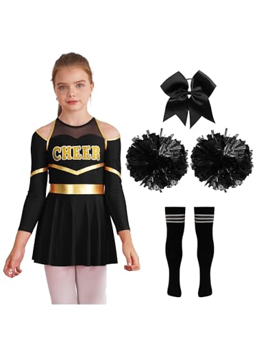 Zaldita Kinder Mädchen Chee Leader Kostüm Langarm Cheer Leader Kleid + Pompoms + Socken + Kopfschmuck Halloween Bühnenauftritt Party Ein Schwarz-Weiß 146-152 von Zaldita