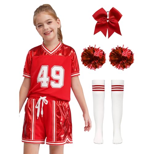 Zaldita Kinder Mädchen Cheerleading Kostüm Sportshirt + Shorts + Pompoms + Socken Cheer Leader Uniform Cheer Outfits Fasching Rot 110-116 von Zaldita