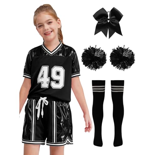 Zaldita Kinder Mädchen Cheerleading Kostüm Sportshirt + Shorts + Pompoms + Socken Cheer Leader Uniform Cheer Outfits Fasching Schwarz 122-128 von Zaldita