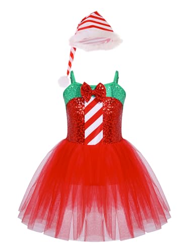 Zaldita Kinder Mädchen Weihnachten Kostüm Ärmellos Weihnachtskleid mit Weihnachtsmütze Pailletten Weihnachtswichtel Kostüm Cosplay Party Rot 146-152 von Zaldita