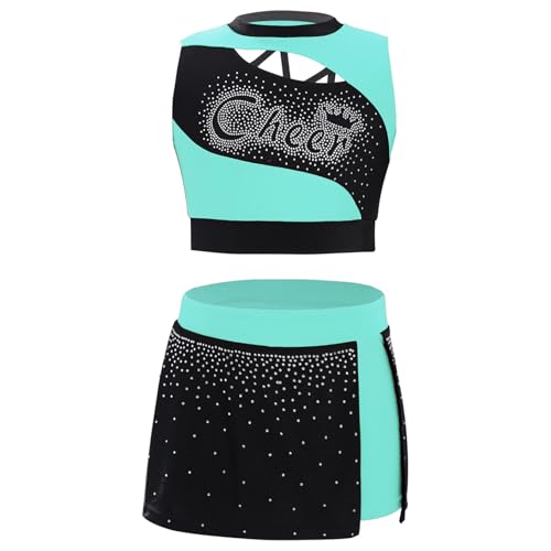 Zaldita Mädchen Cheer Leader Kostüm Tanz Outfit Cheerleading Uniform mit Ärmellos Crop Top Minikleid Schulmädchen Cosplay Blau Grün 146-152 von Zaldita