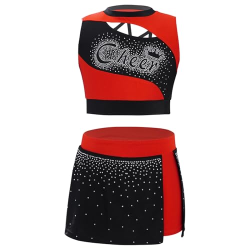 Zaldita Mädchen Cheer Leader Kostüm Tanz Outfit Cheerleading Uniform mit Ärmellos Crop Top Minikleid Schulmädchen Cosplay Rot 158-164 von Zaldita