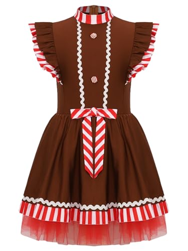 Zaldita Mädchen Lebkuchenmann Kleid Ärmellos Weihnachtskleid Elfen Kostüm Ballettkleid Tüllkleid Karneval Cosplay Party Verkleidung Braun 134-140 von Zaldita