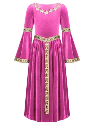 Zaldita Mädchen Mittelalterliches Kostüm Halloween Renaissance Kleid Langarm Samt Trompetenärmel Cosplay Karneval Fasching Verkleidung A Leuchtend Rosa 110-116 von Zaldita