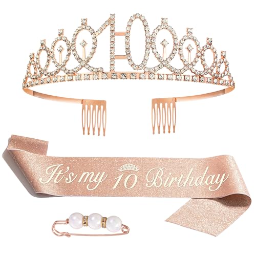 10. Geburtstag Krone Schärpe, Geburtstag Tiara Gold Geburtstag Schärpe Haarnadel, Birthday Krone für Geburtstag Deko Geschenk Mädchen Party Prinzessin Accessoires von Zaloife