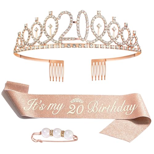 20. Geburtstag Krone Schärpe, Geburtstag Tiara Gold Geburtstag Schärpe Haarnadel, Birthday Krone für Geburtstag Deko Geschenk Mädchen Party Prinzessin Accessoires von Zaloife