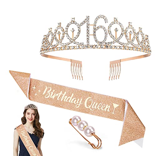 16. Geburtstag Krone Schärpe, Geburtstag Tiara Gold Geburtstag Schärpe Haarnadel, Junggesellinnenabschied Set für 16 Geburtstag Deko Geschenk Mädchen Party Accessoires von Zaloife