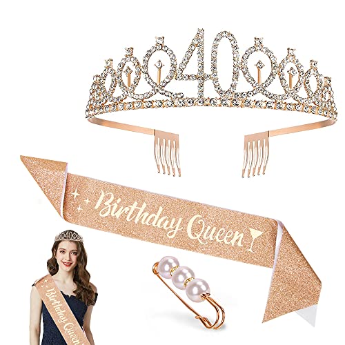 40. Geburtstag Krone Schärpe, Geburtstag Tiara Gold Geburtstag Schärpe Haarnadel, Junggesellinnenabschied Set für 40 Geburtstag Deko Geschenk Frauen Party Accessoires von Zaloife