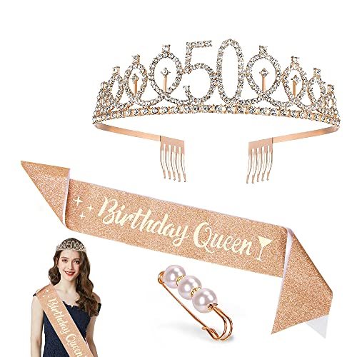 50. Geburtstag Krone Schärpe, Geburtstag Tiara Gold Geburtstag Schärpe Haarnadel, Junggesellinnenabschied Set für 50 Geburtstag Deko Geschenk Frauen Party Accessoires von Zaloife