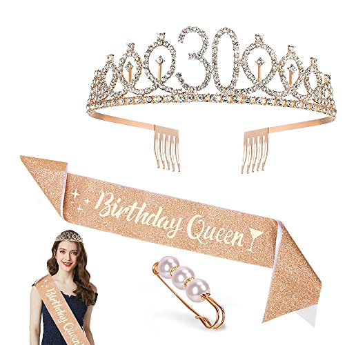 Zaloife 30. Geburtstag Krone Schärpe, Geburtstag Tiara Gold Geburtstag Schärpe Haarnadel, Junggesellinnenabschied Set für 30 Geburtstag Deko Geschenk Frauen Party Accessoires von Zaloife