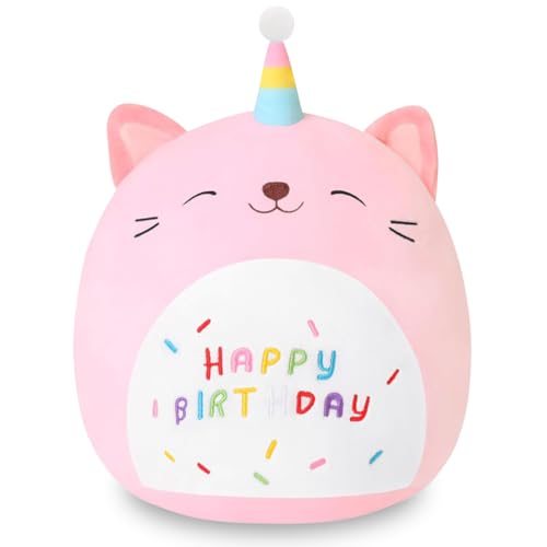 Zaloife Happy Birthday Katze Kuscheltier Süß, Geburtstag Plüschtier 25cm, Rosa Stofftier zum Kuscheln & Spielen, Plüschkissen Puppe Geschenk für Fans Kinder Mädchen Jungen von Zaloife