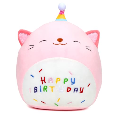 Zaloife Happy Birthday Katze Kuscheltier Süß, Geburtstag Plüschtier 25cm, Rosa Stofftier zum Kuscheln & Spielen, Plüschkissen Puppe Geschenk für Fans Kinder Mädchen Jungen von Zaloife