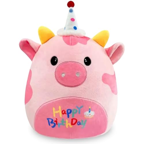 Zaloife Happy Birthday Kuh Plüschtier Rosa, Geburtstag Kuscheltier Kuh 27cm, Stofftier Kuh Plush, Lustiges Superweiches Kuh Plüsch Puppe Geschenk für Kinder von Zaloife