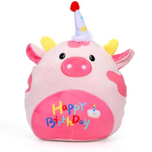 Zaloife Happy Birthday Kuh Plüschtier Rosa, Geburtstag Kuscheltier Kuh 27cm, Stofftier Kuh Plush, Lustiges Superweiches Kuh Plüsch Puppe Geschenk für Kinder von Zaloife