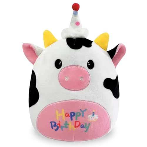 Zaloife Happy Birthday Kuh Plüschtier Schwarz Weiß, Geburtstag Kuscheltier Kuh 27cm, Stofftier Kuh Plush, Lustiges Superweiches Kuh Plüsch Puppe Geschenk für Kinder von Zaloife