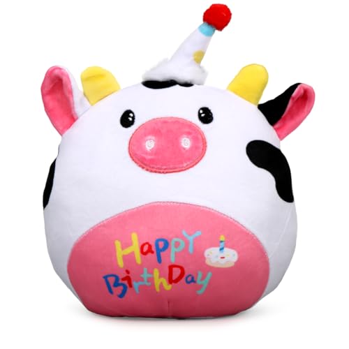 Zaloife Happy Birthday Kuh Plüschtier Schwarz Weiß, Geburtstag Kuscheltier Kuh 27cm, Stofftier Kuh Plush, Lustiges Superweiches Kuh Plüsch Puppe Geschenk für Kinder von Zaloife