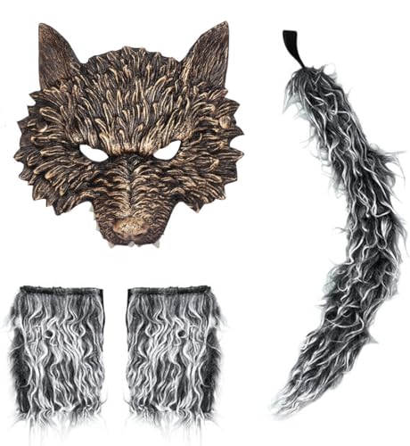 Zalvivia Goldene Wolfsmaske, 3-teiliges Tierkopfmasken, Schwanz und Handschuhe, Set für Erwachsene, gruselige Werwolf-Maske für Festival, Cosplay, Halloween-Kostüm von Zalvivia