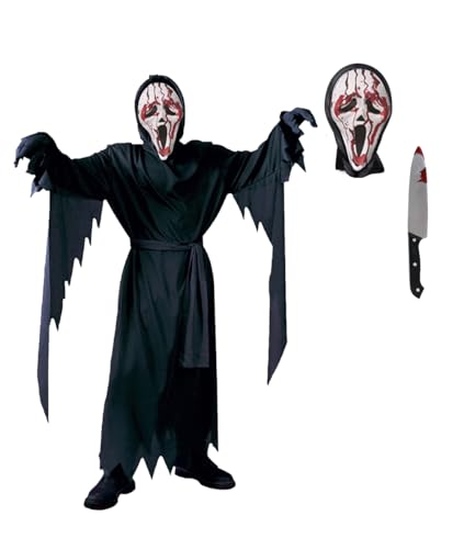 Zalvivia Halloween Blutschrei Cosplay Kostüm für Jungen und Mädchen, Unisex Scream Ghost Robe mit Gesichtsmaske und schwarzen Handschuhen von Zalvivia