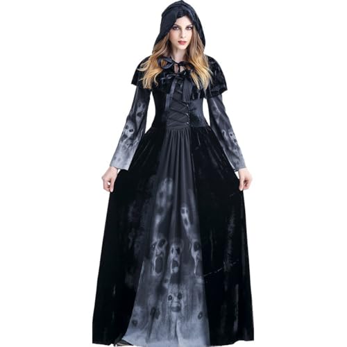 Zalvivia Langes Skelett-Hoodie-Kleid für Damen, Hexenkleid, Kostüm, Vintage bestickt, Renaissance, Vampirkleid mit Kapuze von Zalvivia