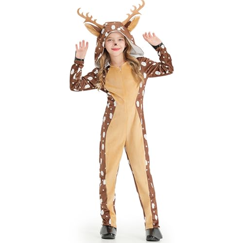 Zalvivia Rentier-Weihnachtskostüm für Kinder, Mädchen, Jungen, Elch, Hirsch, mit Kapuze, Jumpsuit, Tier, Cosplay, Einteiler für Halloween, Weihnachten von Zalvivia