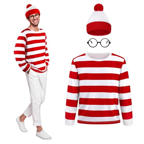 Zalvivia Rot-weiß gestreiftes Hemd mit Zubehör, 3-teiliges Halloween-Outfit-Anzug, Jugendliche, lustiges Sweatshirt mit Beanie-Mütze, Brille für Cosplay-Party von Zalvivia