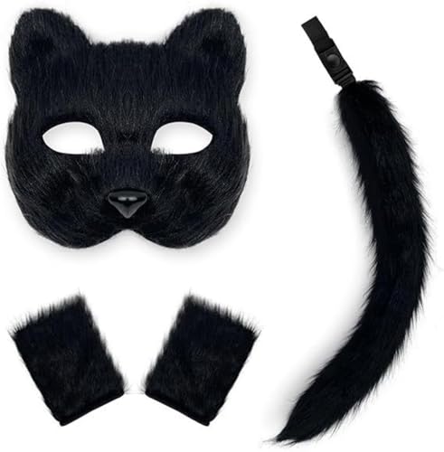 Zalvivia Schwarze Wolfskatze, Fuchsmaske, 3-teiliges Set, Wolfskopfmaske, Krallen und Schwanz, für Halloween, Handschuhe, Cosplay, Kostüm, Requisiten, Geschenk von Zalvivia