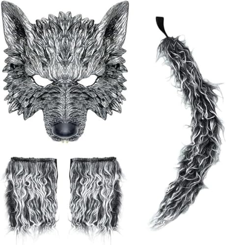 Zalvivia Silberne Wolfsmaske, 3-teiliges Tierkopfmasken, Schwanz und Handschuhe, Set für Erwachsene, gruselige Werwolf-Maske für Festival, Cosplay, Halloween-Kostüm von Zalvivia