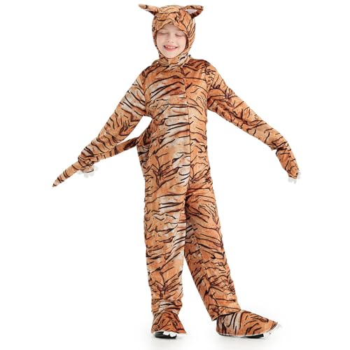 Zalvivia Tiger-Kostüm für Kinder, Bengalischer Tiger-Body, schwarz-orange gestreifter Tier-Overall, Einteiler, Halloween-Party von Zalvivia