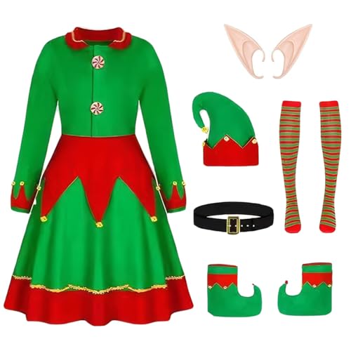 Zalvivia Weihnachtselfenkostüm-Set für Kinder, Mädchen, Elfen-Kostüm, Kleid mit Elfenhut, Schuhen, Ohren, Gürtel, gestreift, über kniehohe Socken von Zalvivia