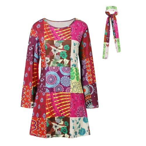 Hippie Kostüm Damen Kleid, Damen Hippie-Kleid Hippie Accessoires Mit Stirnband Kostüm Schlagerparty Party-Kostüm 60er 70er Jahre Hippie Kostüm Damen Kleid Disco Outfit Karneval Faschingskostüm von Zannycn