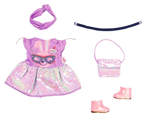 BABY born Zapf Creation 830796 Deluxe Happy Birthday Outfit 43 cm Puppenkleid und Handtasche mit Glitzer-Wendepailletten, abnehmbaren lila Haarband, Maske und rosa Puppenschuhen von BABY Born