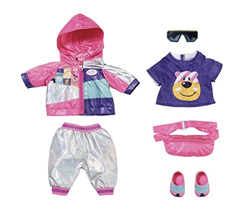 BABY born Zapf Creation 830031 Deluxe Fahrrad Set für 43cm Puppen mit rosa Jacke, lila Shirt, Silber glänzender Hose, Schuhen, Gürteltasche und Sonnenbrille, Einfarbig von BABY Born